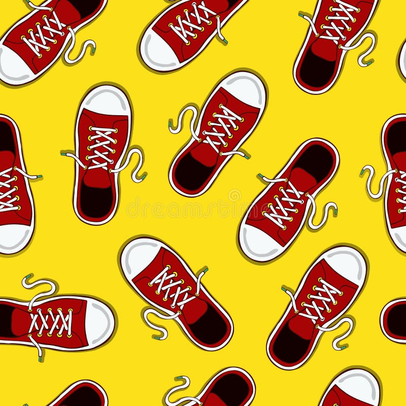 Red sneaker shoe seamless pattern illustration. Retro style fashion element cartoon background for teen age concept or casual footwear. Red sneaker shoe seamless pattern illustration. Retro style fashion element cartoon background for teen age concept or casual footwear