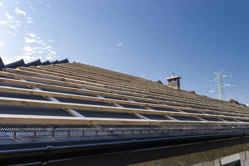 Roof Ceramic Tile Arranged in Packets on the Roof on Roof Battens