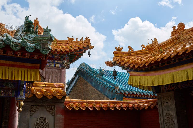 Roof with colorful glazed tile in Wutai Mountain temple, Shanxi, China stock photo