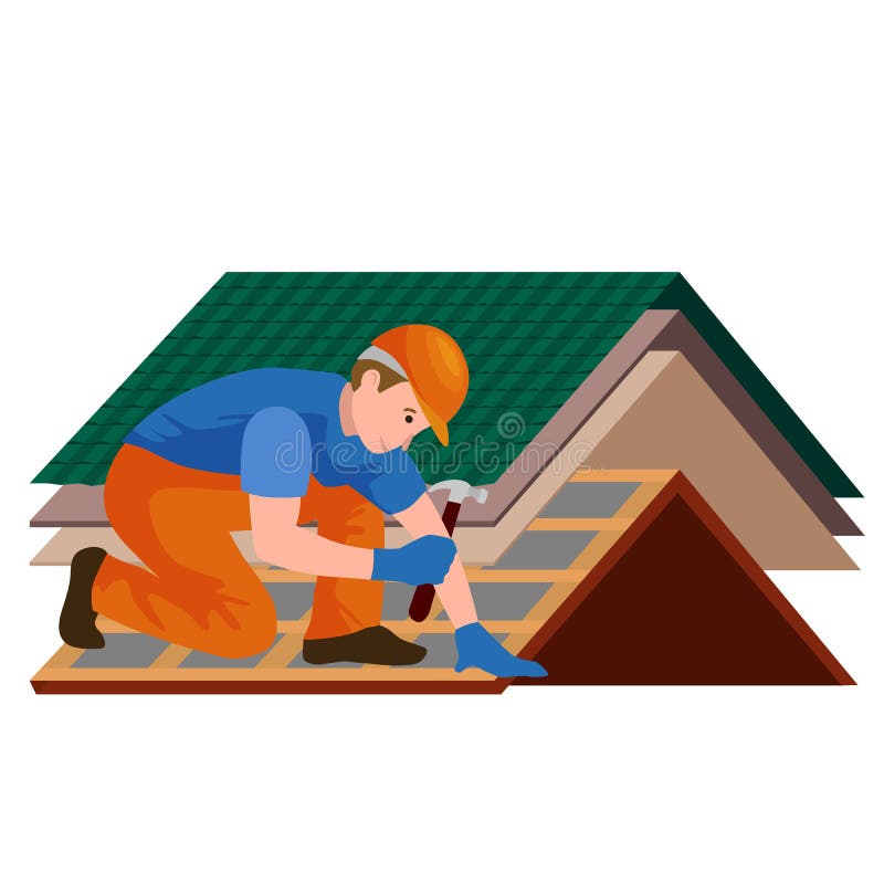 Roof construction worker repair home, build structure fixing rooftop tile house with labor equipment, roofer men