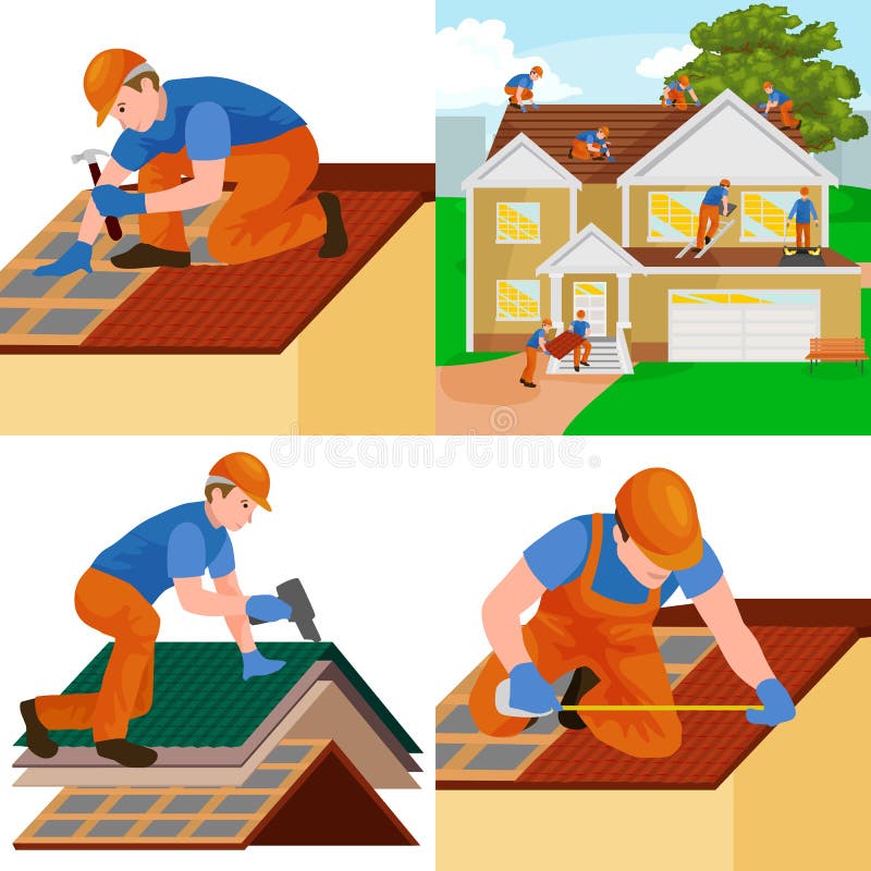 Roof construction worker repair home, build structure fixing rooftop tile house with labor equipment, roofer men with royalty free illustration Roof construction worker repair home, build structure fixing rooftop tile house with labor equipment, roofer men with royalty free illustration
