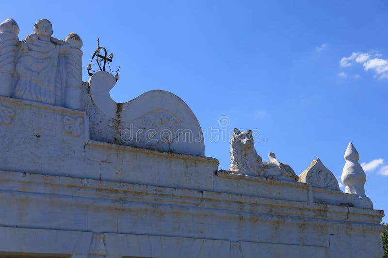 Roof decor elements. The ancient architecture of a residential one-storey building stock images