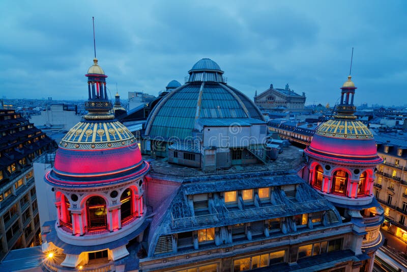 Roof of the Galerie Printemps in Paris at night stock photo Roof of the Galerie Printemps in Paris at night stock photo