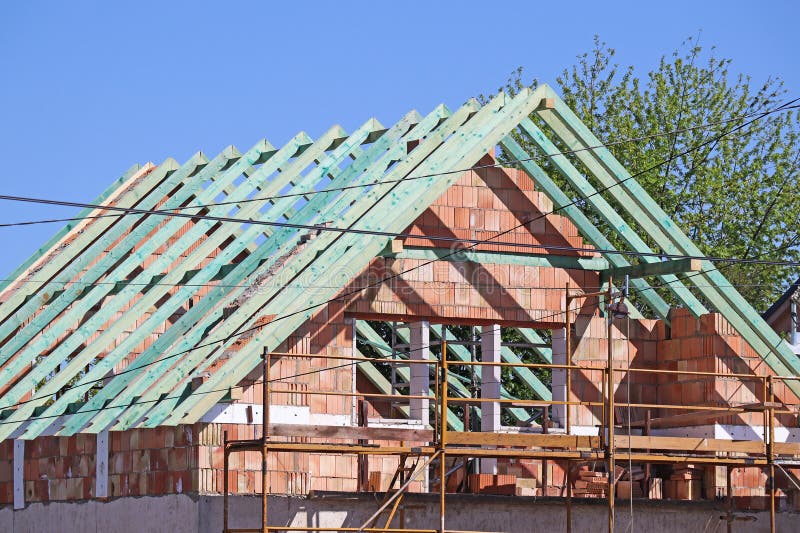 Roof of a house under construction stock images