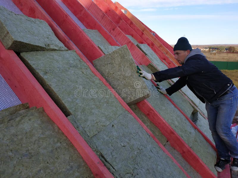 Roof Insulation Using Mineral Wool, Insulation Outside the Roof Stock Image Image of male