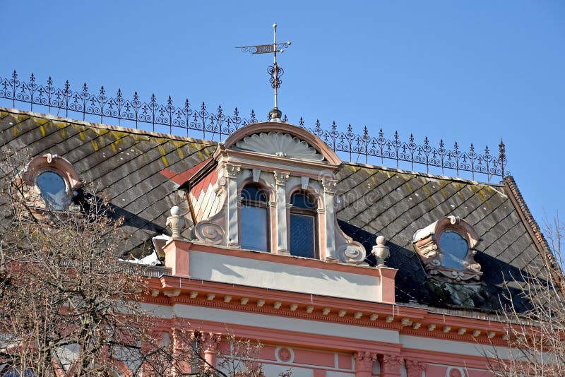 Roof of an old house in the city stock photos
