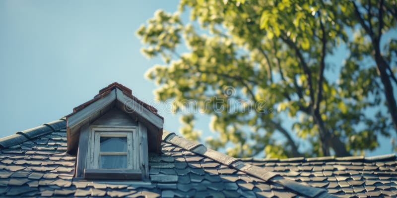 Roof with window and tree stock image