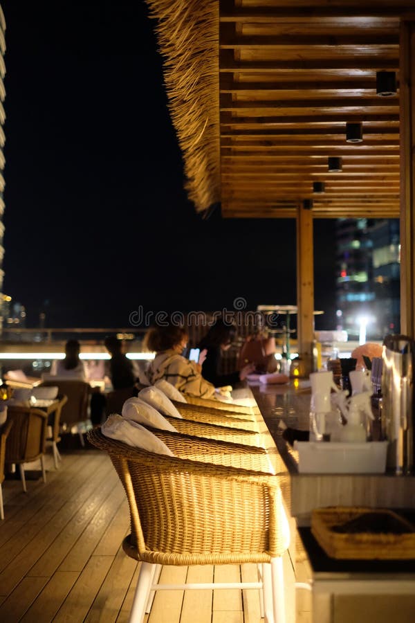 Rooftop Bar with Tables and Chairs Stock Photo Image of light, place