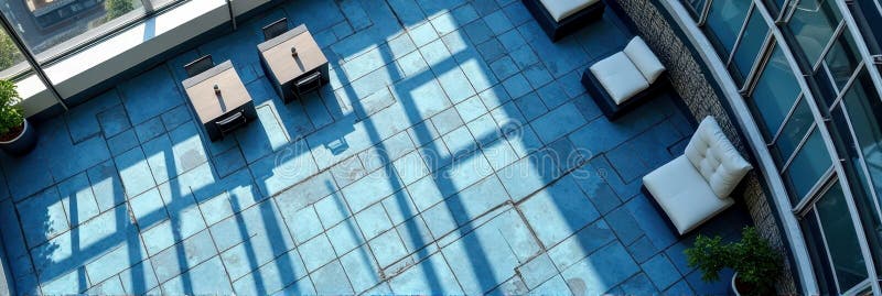 Rooftop terrace with blue stone tiles and modern furniture stock photos