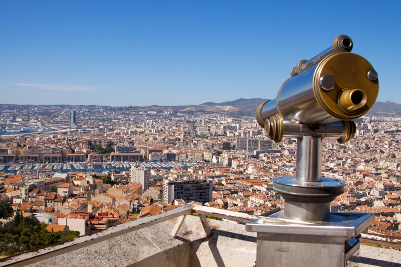 Rooftop view of Marseille with telescope