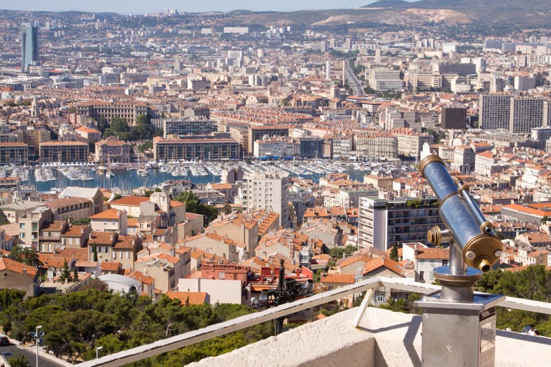 Rooftop view of Marseille with telescope