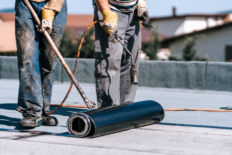 Rooftop Waterproofing Details. Workers Installing Bituminous Membrane  Waterproof System Insulation Stock Image - Image of foil, insulation:  191941635