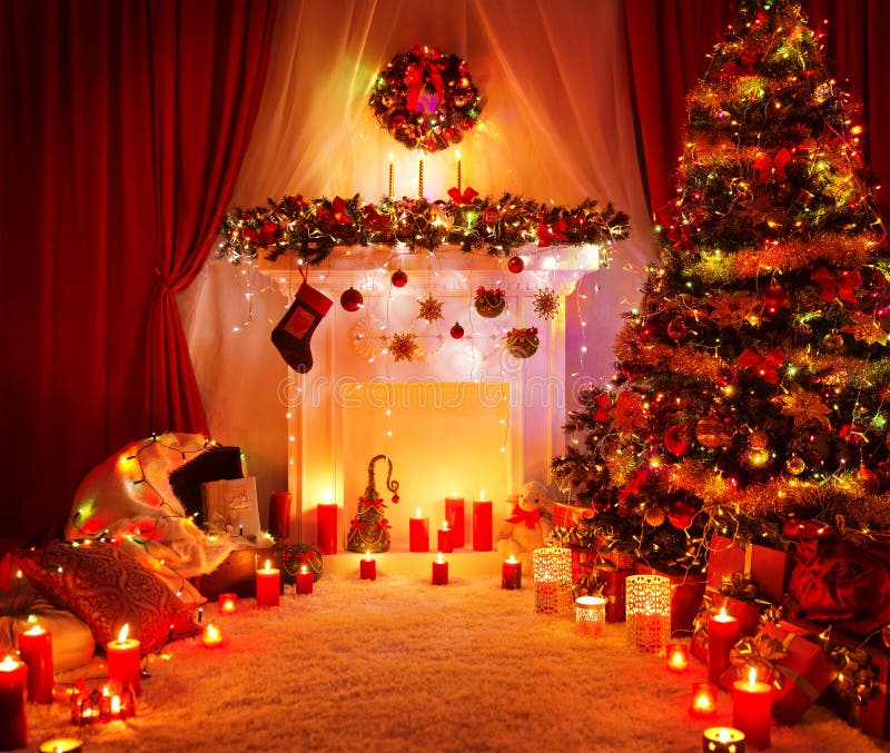 Room Christmas Tree Fireplace Lights, Xmas Home Interior Stock Image - Image of color, happy ...