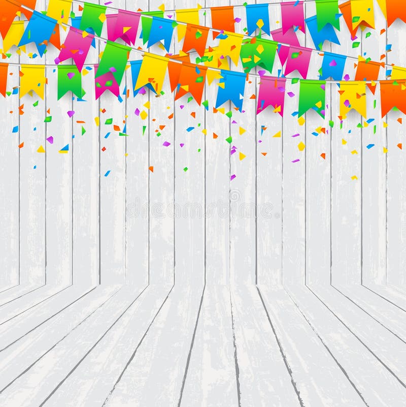 Room with colorful confetti on wood texture wall background.