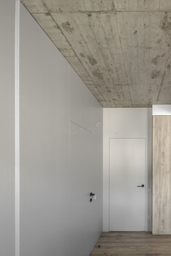 Room Corner, Three Different Textures Grey Wall, Natural Oak Wood Floor, Cement Grey Ceiling