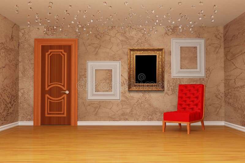 Room with door, red chair and picture frames