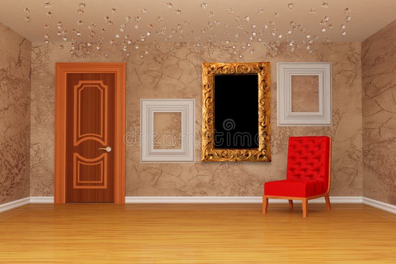 Room with door, red chair and three picture