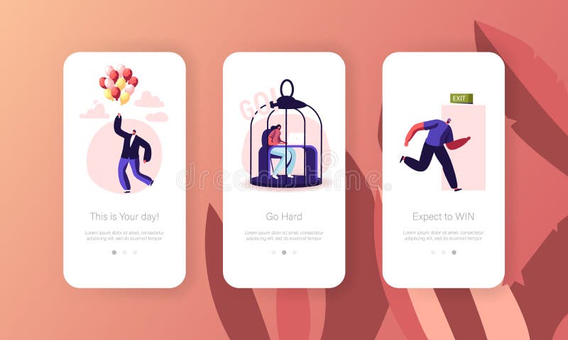 Room Escape Freedom Mobile App Page Onboard Screen Template. Tiny People Leaving Home after Covid 19 Lockdown, Exit
