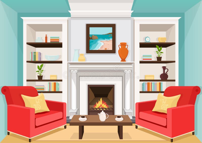 living room with fireplace vector