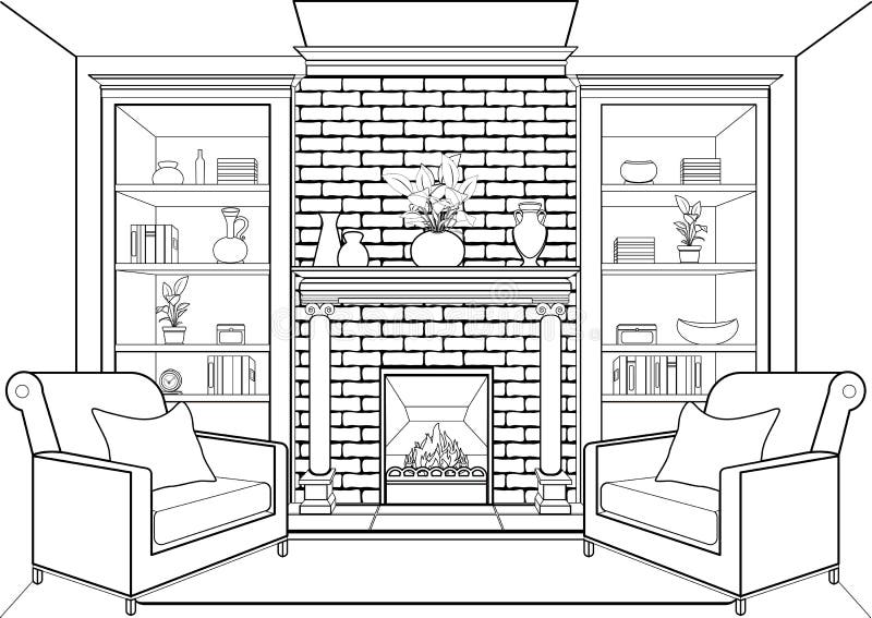 Living Room Digital Line Drawing Fireplace