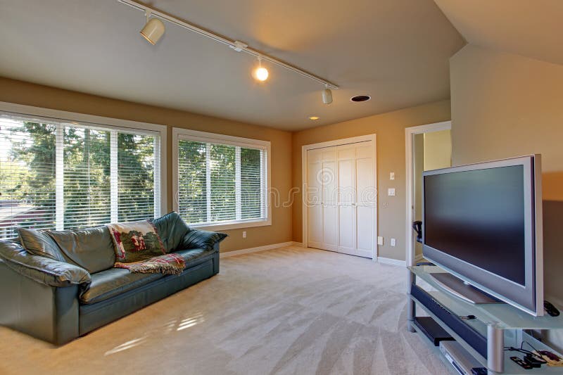 Living room interior in beige color with soft carpet floor. Furnished with green leather couch and tv. Living room interior in beige color with soft carpet floor. Furnished with green leather couch and tv