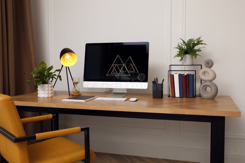 Room Interior with Workplace. Modern Computer on Wooden Desk Stock