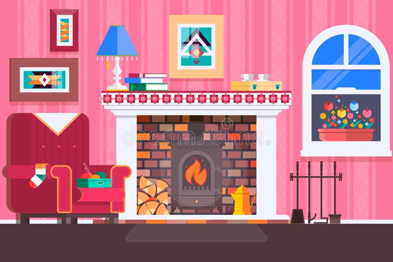 Room interior fireplace design with chair books, table, clock in evening tea time, fireplace. Flat vector illustration