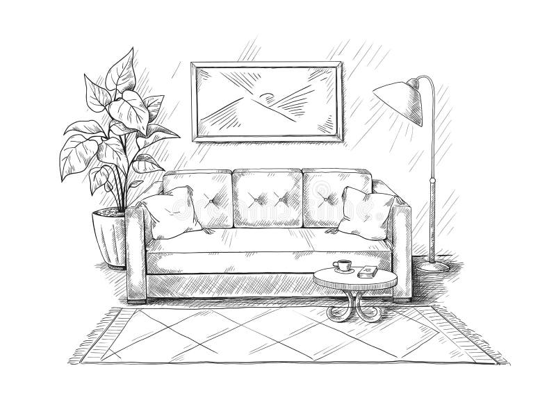 Continuous one line drawing of sofa and lamp Vector Image