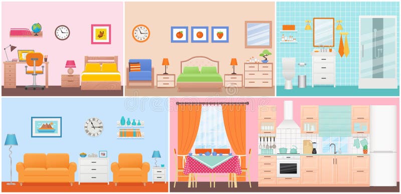 Room interiors. Vector illustration in flat design. Cartoon house.