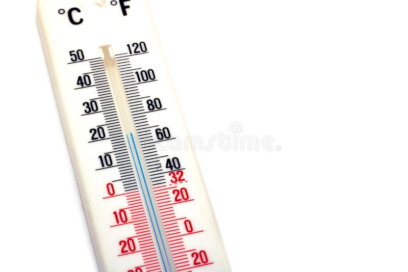 Celsius scale thermometer for measuring weather temperature. Thermometer  isolated on white background. Ambient temperature plus 43 degrees Stock  Photo