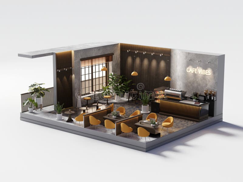Room mini - punto vendita interno. Area prospettica minimarket all'aperto all'interno dell'architettura interna rendering 3d