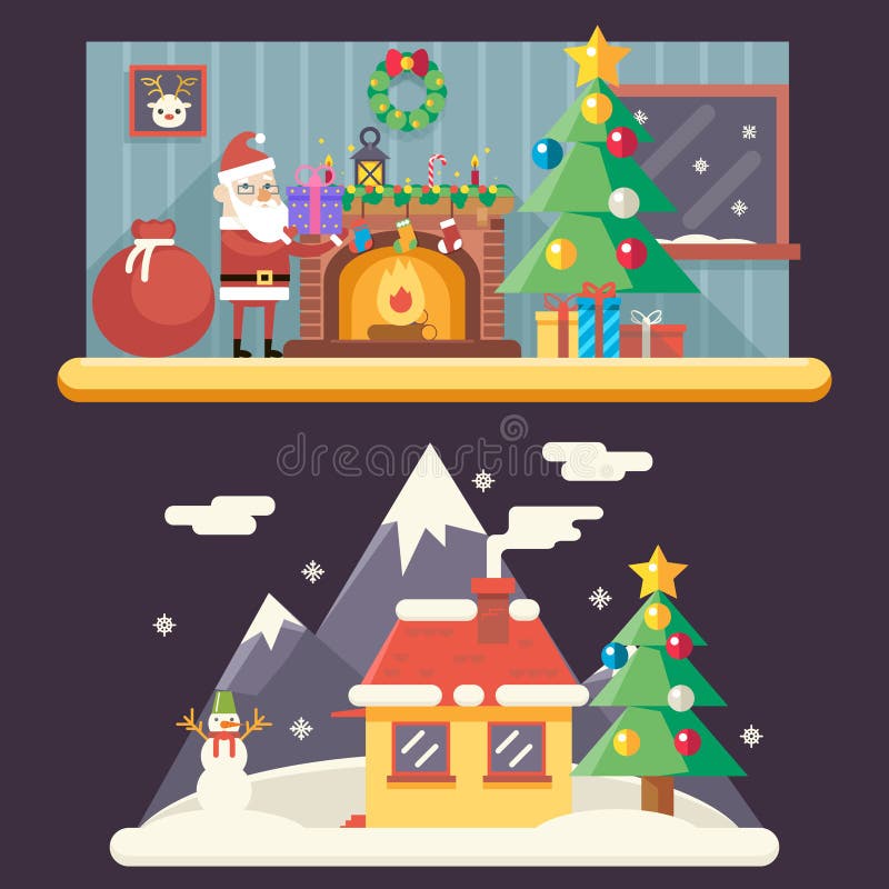 Room New Year House Landscape Santa Claus Accessories vector illustration Room New Year House Landscape Santa Claus Accessories vector illustration