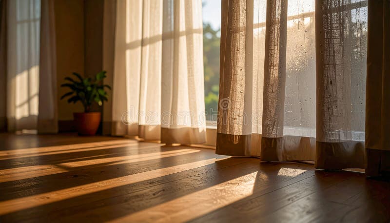 A room with a plant and white curtains. The curtains are open, letting in sunlight. The room has a warm and inviting atmosphere stock illustration