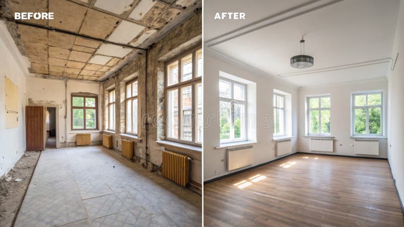 Room Renovation Before and After, Damaged Ceiling to Modern Interior, home improvement, room makeover stock illustration