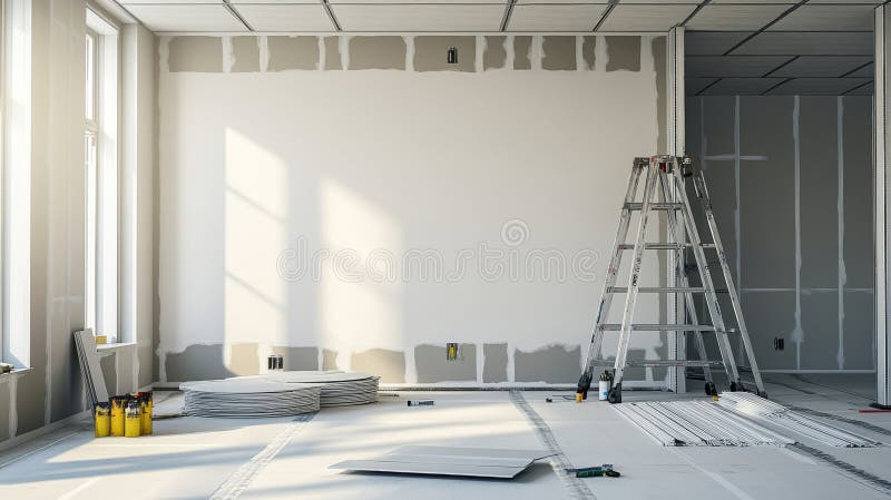 Room Renovation Drywall, Ladder, Construction, Interior, Home Improvement, Renovation Project Drywall, Renovation vector illustration