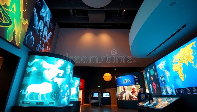 Room with screens and blue light, representing modern technology and digital space Generative AI vector illustration