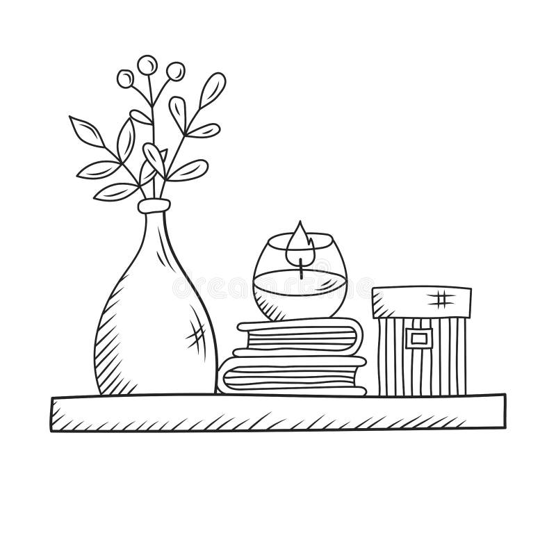 Room Shelf with Books Candle and Vase Line Drawn Vector Stock Vector Illustration of design