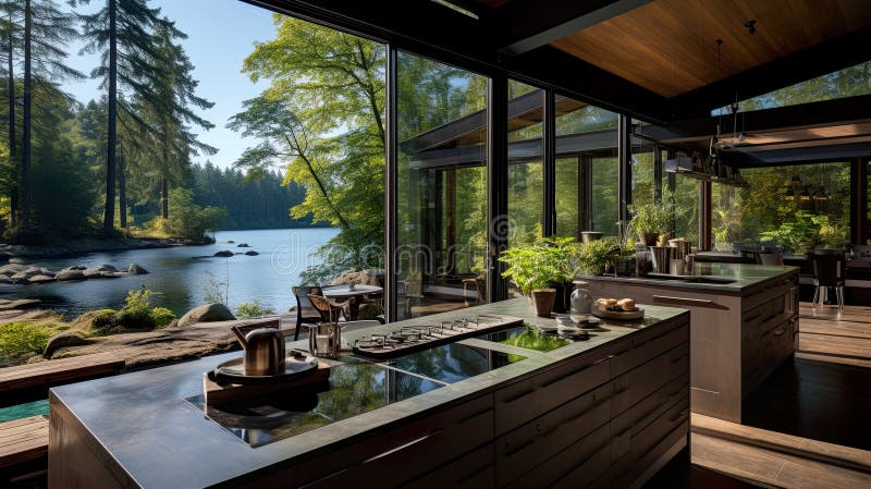 Room and terrace with great lighting, where the interior concept blends with the captivating view of the lake and nature. stock illustration