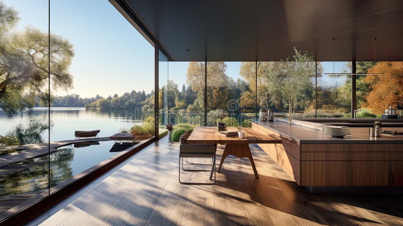 Room and terrace with great lighting, where the interior concept blends with the captivating view of the lake and nature. vector illustration