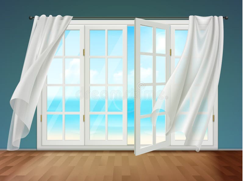 Open Window With Fluttering Curtains