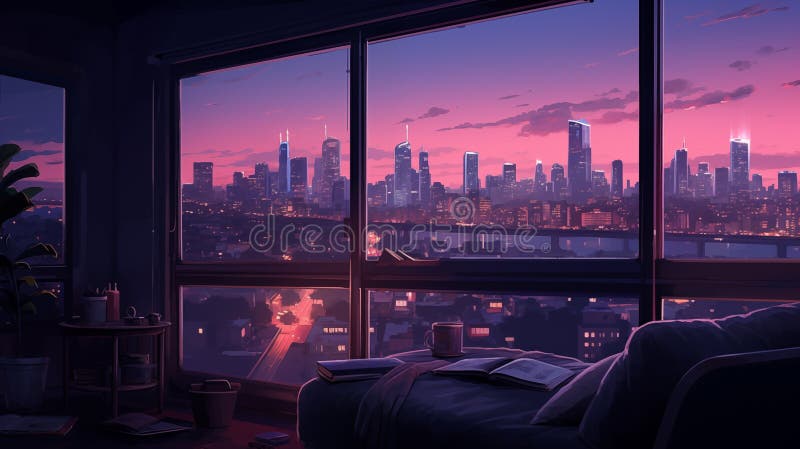 Room with View of Vibrant City Skyline at Dusk Ai Generated 2D Cartoon