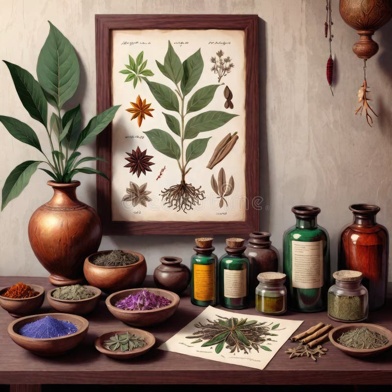 Room of WellBeing Ayurvedic Medicines on Display Stock Illustration
