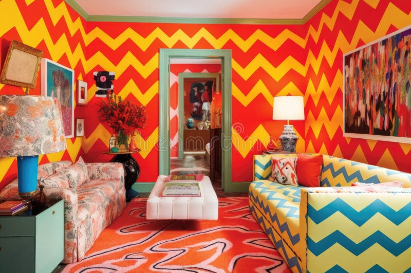 A Room with Zigzag Patterned Wallpaper and Vibrant Paintings on the