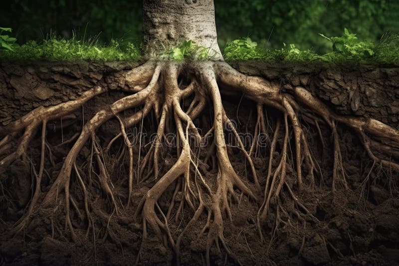 Root system of a tree growing underground, soil cross section. Generative AI realistic illustration royalty free stock photo