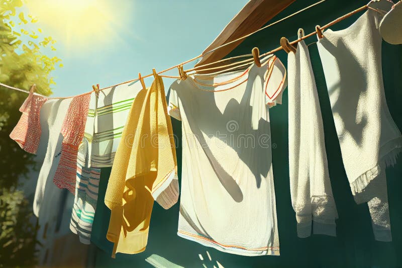 Ropa De Cama Con Toallas Blanqueadas Por El Sol Y Trajes De Baño Colgados En La Brisa Estival Stock de ilustración - de toalla, ropas: 273338275