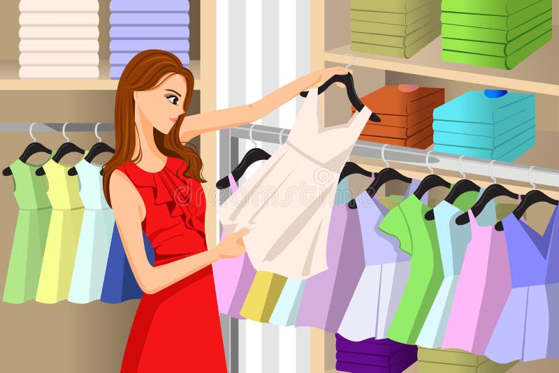 Ropa de compra de la muchacha en una tienda ilustración del vector