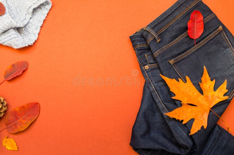 Ropa De Otoño Las Mujeres Comprar En Línea Vender Tacos Azules Y Vaqueros Sobre Fondo Terracota, Vista Superior Foto de archivo - Imagen de bufanda: 161005140