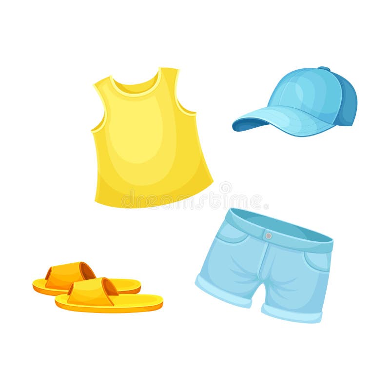 Ropa De Verano Para Niños. Ilustración Vectorial De Dibujos Animados De  Dibujos Animados De Tipo Tshirt Denim Shorts Cap Y Flip Fl Ilustración del  Vector - Ilustración de estacional, aislado: 240211777