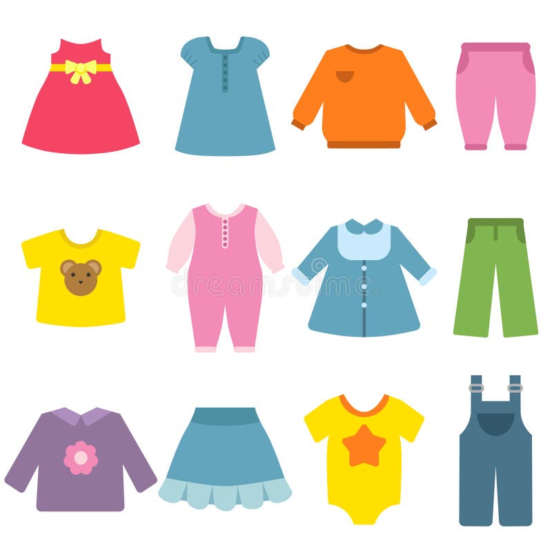 Clothes for childrens. Vector flat illustrations. Apparel kids, blouse and garment, fashion dress clothes. Clothes for childrens. Vector flat illustrations. Apparel kids, blouse and garment, fashion dress clothes