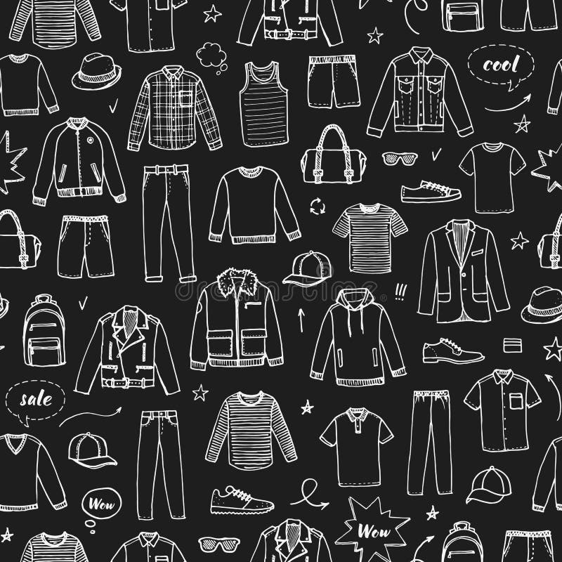 Ropa y accesorios del ` s de los hombres Estilo del dibujo de tiza ilustración del vector Ropa y accesorios del ` s de los hombres Estilo del dibujo de tiza ilustración del vector